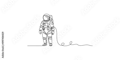 Continuous line drawing of an astronaut standing with a safety tether attached to their spacesuit on white background