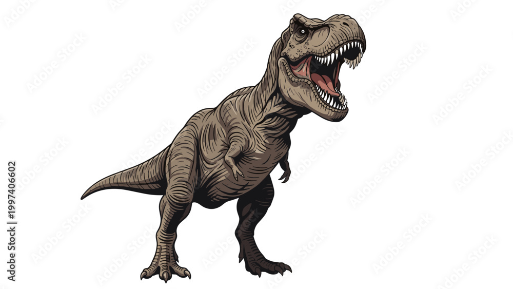 Fototapeta premium Fierce tyrannosaurus rex dinosaur with its mouth open showing sharp teeth on a white background in detailed style.