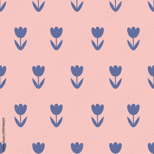 A cute, seamless, custom-designed floral pattern with blue tulips on a pink background