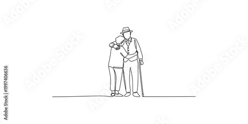 Continuous line drawing of an elderly man supporting a younger person with a cane