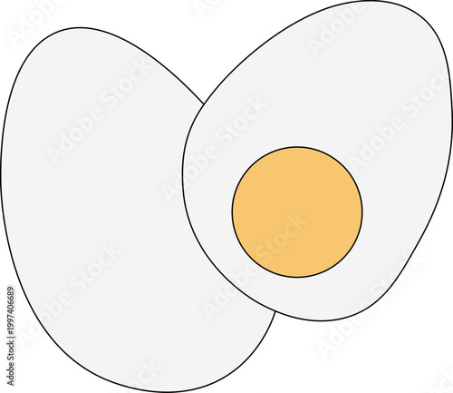 Two hard boiled eggs with one whole and one sliced in half Egg Colored composition hand drawn illustration. Vector graphic line art. bright yellow yolk for breakfast and healthy protein concepts.