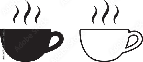 Black and white of a solid filled coffee cup and an outlined coffee cup with steam