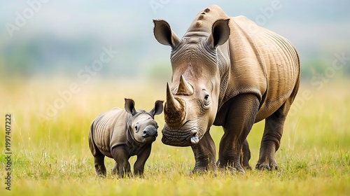 Rhino mother and calf grazing on savannah, powerful, gentle interaction, conservation
