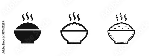 Bowl of Hot Steaming Rice Icon Set in Three Graphic Styles