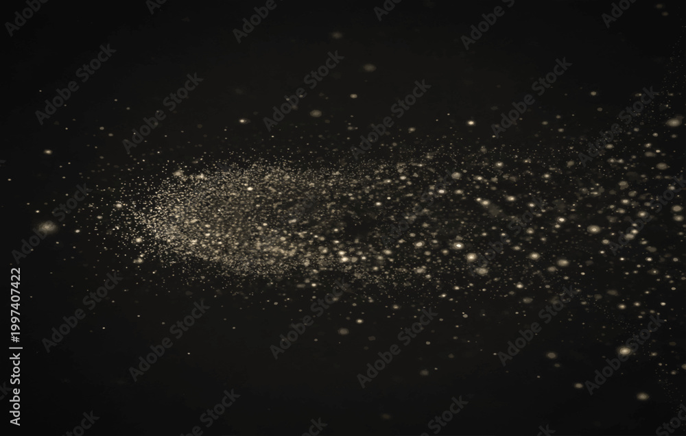 Fototapeta premium Abstract Particle Horizon with Golden Dust Overlay, Glowing Light Line and Floating Dots on Black Background, Futuristic Data Field Motion, Minimal Digital Technology Texture