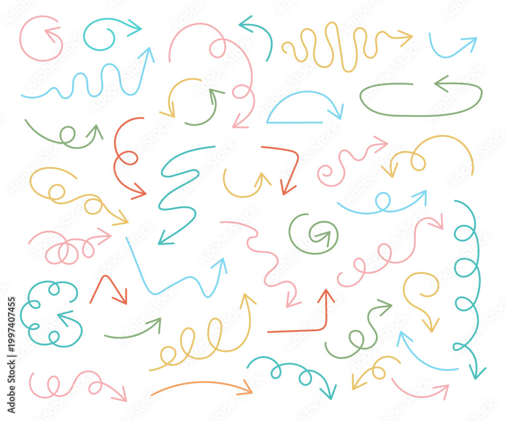Fototapeta premium Colorful Arrows thin fluid hand drawn doodle set Scribble spiral swirl sign wave arc loop collection