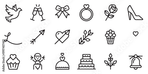 Wedding and Romance Icon Set Line Art Collection