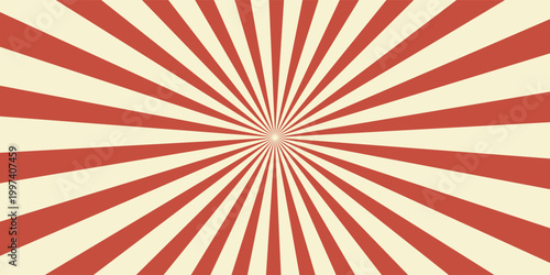 Circus vintage tent background. Retro sun rays pattern. Vintage starburst poster. Star burst radial lines texture. Red stripes. Circus, carnival, summer fair backdrop. Vector illustration.