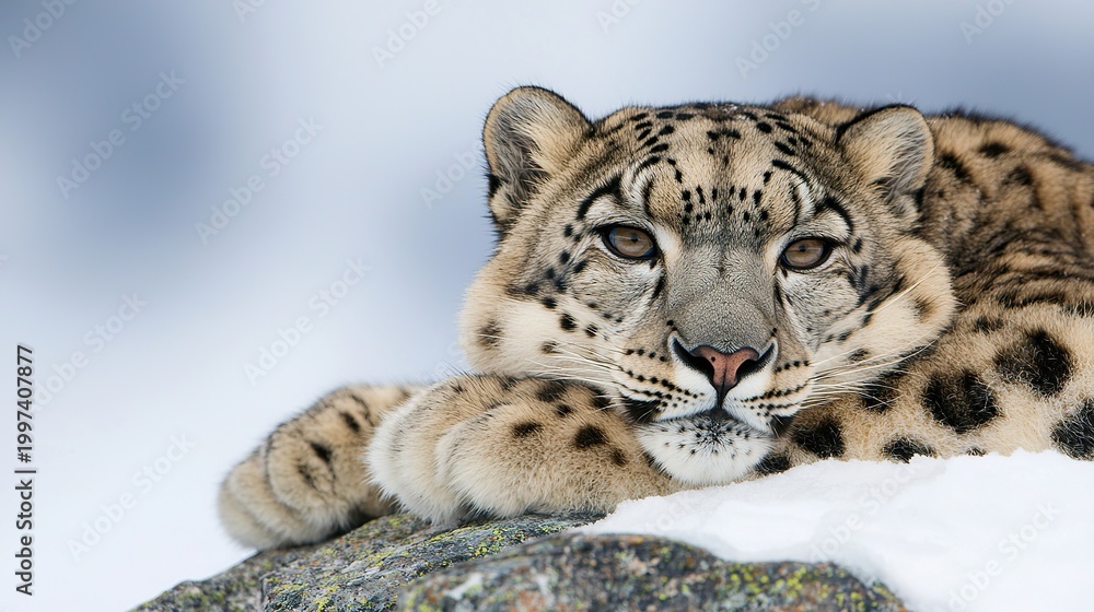 Fototapeta premium Snow leopard resting on a snowy rock, perfectly blended, elusive, cold mountains