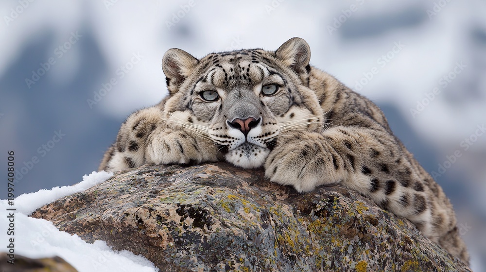 Obraz premium Snow leopard resting on a snowy rock, perfectly blended, elusive, cold mountains