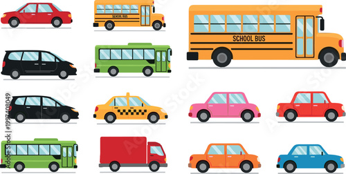 Set of Different Vehicle Icons including Cars, Buses, and Vans for Transportation, Travel, and Automobile Design Projects