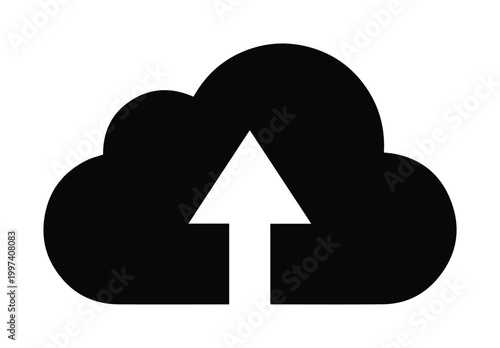 Cloud upload icon, black vector graphic for data storage and file transfer, digital technology symbol, modern internet service illustration isolated on White Background