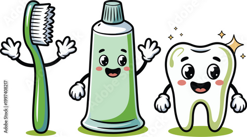Vector illustration of smiling toothbrush, toothpaste, and tooth