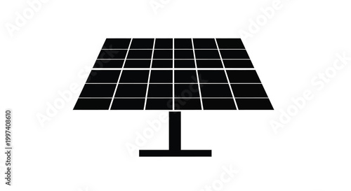 A simple black and white illustration depicts a solar panel showcasing renewable energy technology and sustainable power generation