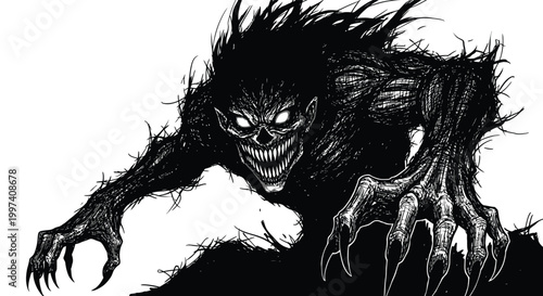 Venom comic book character in aggressive stance black and white monster creature