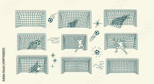 Football goal net icons collection with goalkeepers and soccer balls in minimalist line art style