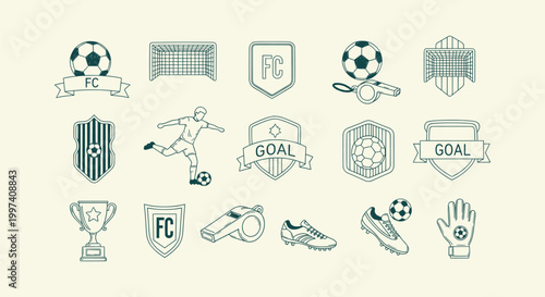 Vintage Football Icons Collection Featuring Soccer Player, Goals, Shields, Trophies and Equipment.