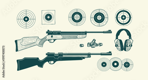Vintage Air Rifle and Shooting Range Equipment Set with Targets Pellets and Hearing Protection Kit