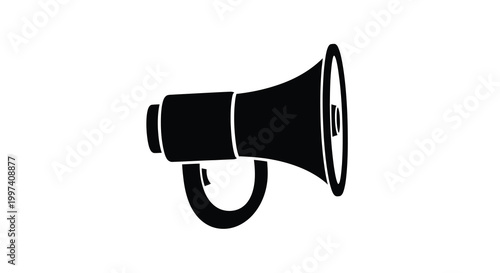 A stark black silhouette depicts a vintage megaphone with a handle isolated on a white background high quality