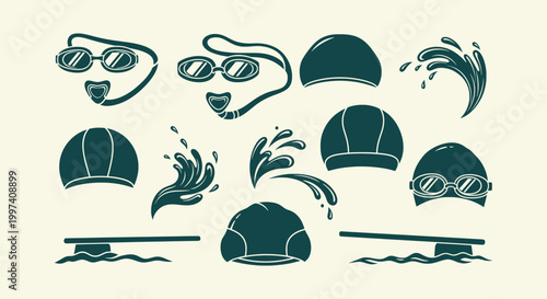 Collection of professional swimming equipment icons like goggles, caps, splashes and diving boards.