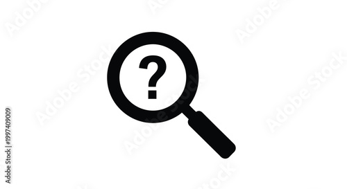 A black magnifying glass icon focuses on a white question mark symbolizing investigation and uncertainty high quality professional