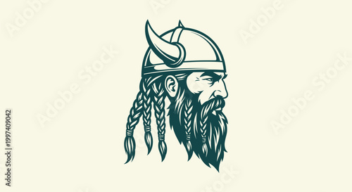 Εκτύπωση καμβά Powerful Viking warrior head profile illustration with horned helmet long beard and braided hair