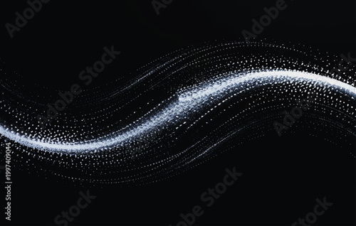Abstract Particle Wave with White Dust Overlay on Black Background, Flowing Dot Swirl with Floating Light Specks, Futuristic Digital Motion Texture for Scene and Design