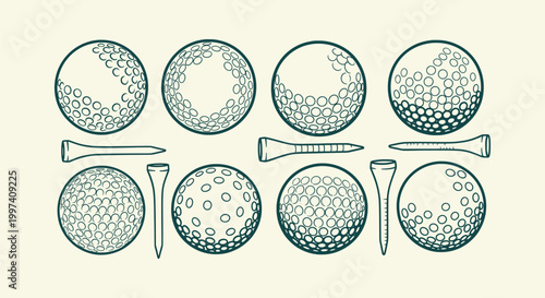 Vintage Hand Drawn Golf Ball and Tee Icons Set Collection for Sports Design Elements and Logo Art.