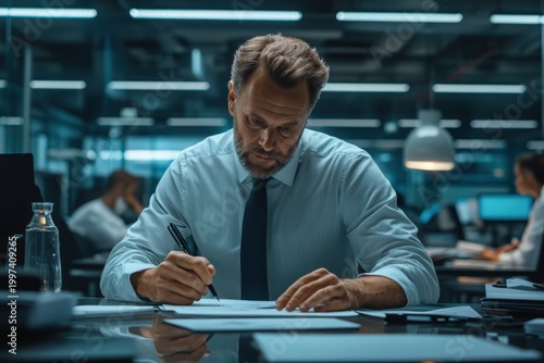 Focused Office Worker Writing at Desk Under Lamp