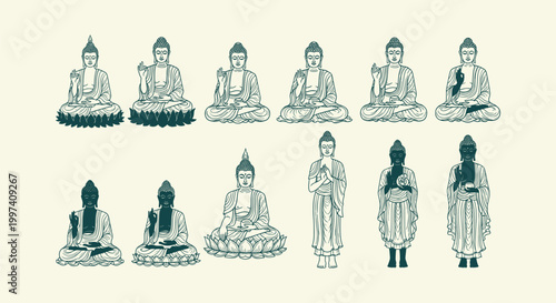 Set of Buddha Statue Line Art Illustrations in Different Meditation Mudras and Spiritual Poses.