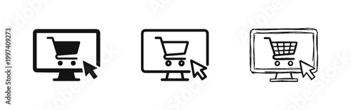E-Commerce and Online Shopping Monitor Icon Set with Cart