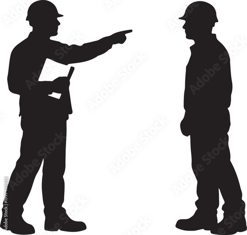 Engineer Instructing Worker Silhouette – Construction Supervision Concept Isolated on White Background