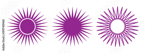 Purple sunburst vector icons, three distinct radiant starburst shapes, vibrant graphic elements for design projects, modern abstract sun symbols isolated on White Background
