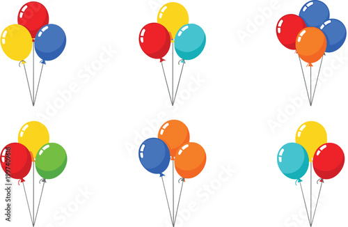 Flat vector illustration set of colorful balloon bunches for birthday party celebration surprise event decoration and festive holiday greeting cards.
