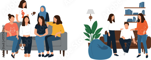 Flat vector illustration set of diverse people and friends sitting on sofa in living room with pets for lifestyle concept.