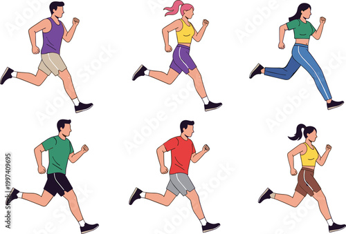 Flat vector illustration set of diverse people running and jogging in athletic wear for fitness health marathon training and competition.