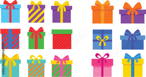 Large Collection of Colorful Christmas and Birthday Gift Boxes with Ribbons and Bows for Holiday Celebrations Greeting Cards and Party Decor