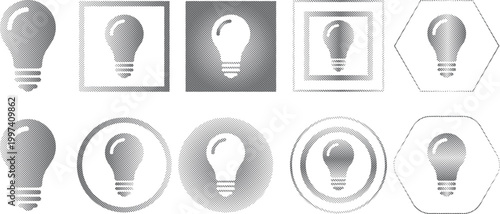 Lightbulb Halftone Icon Collection – Lightbulb Dotted Circles Halftones Geometric Dots Gradient – Dot Spray Gradient Vector Set – Lightbulb Illustration Halftone Gradient