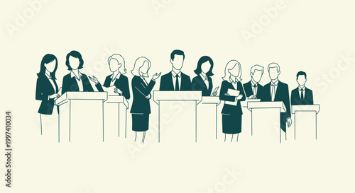 Diverse Group of Business Professionals Speaking at Podiums in a Public Debate Event Illustration