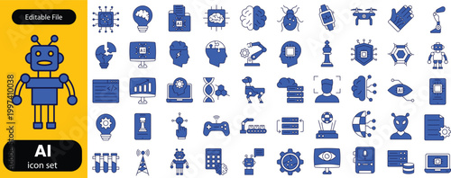 Generative AI icon set. Contain icons related to creative artificial intelligence, text, images, videos, search and data by AI, and more. editable stroke. Vector illustration