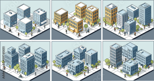 Isometric vector set of urban city blocks with modern buildings office skyscrapers residential apartments pedestrians and street traffic for architectural planning and map design