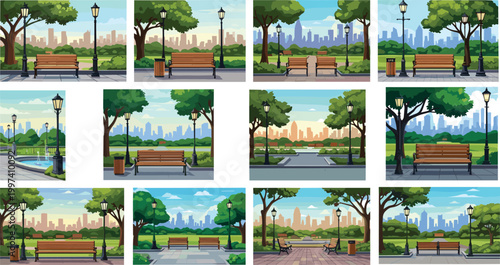 Vector set of city park landscape backgrounds with wooden benches vintage street lamps green trees and urban skyline silhouette for cartoon illustration and web design