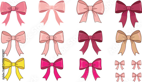 Set of Decorative Colorful Ribbon Bows in Pink Red and Yellow Shades for Gift Packaging Celebration Cards Wedding Invitations and Birthday Decor