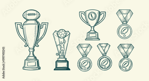 Hand Drawn Vintage Sports Trophies and Medals Illustration Set for Football and Soccer Awards