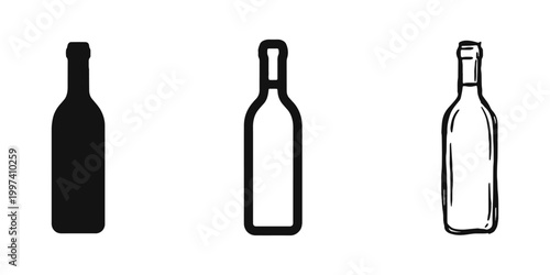 Wine Bottle Silhouette and Line Art Icons for Bar and Restaurant Design