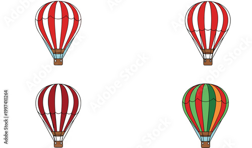 Set of Four Colorful Striped Hot Air Balloon Illustrations in Red White and Green for Travel Adventure and Festival Design Projects