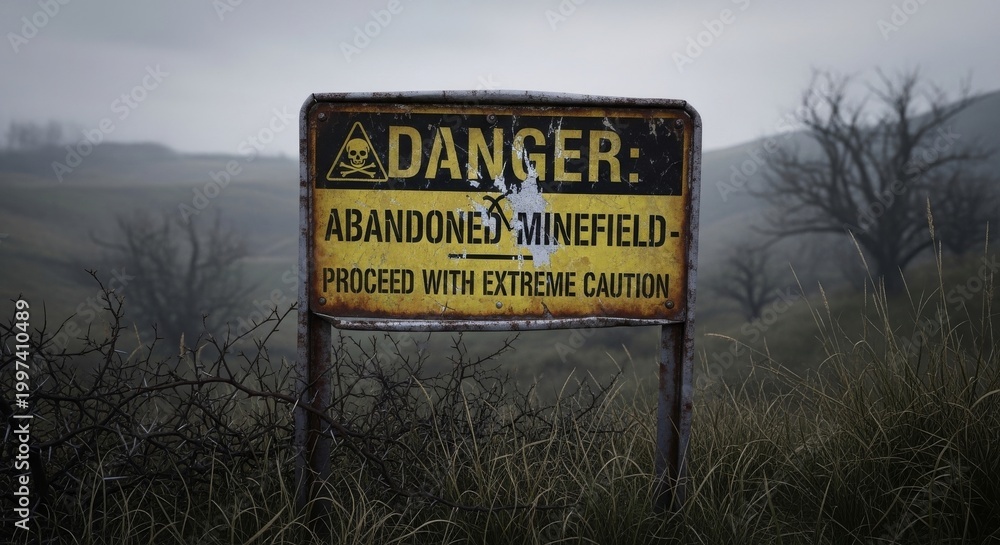 Fototapeta premium Danger Abandoned Minefield Warning Sign