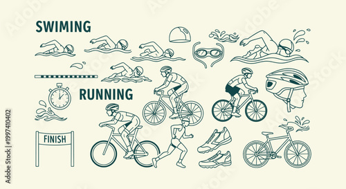 Professional Triathlon Athlete Icons Featuring Swimming Biking and Running Minimalist Line Art