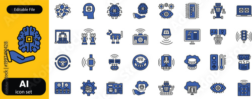 Generative AI icon set. Contain icons related to creative artificial intelligence, text, images, videos, search and data by AI, and more. editable stroke. Vector illustration