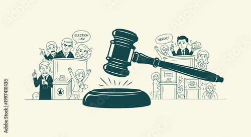 Legal concept art showing a gavel striking amid election law arguments and voting booth disputes.